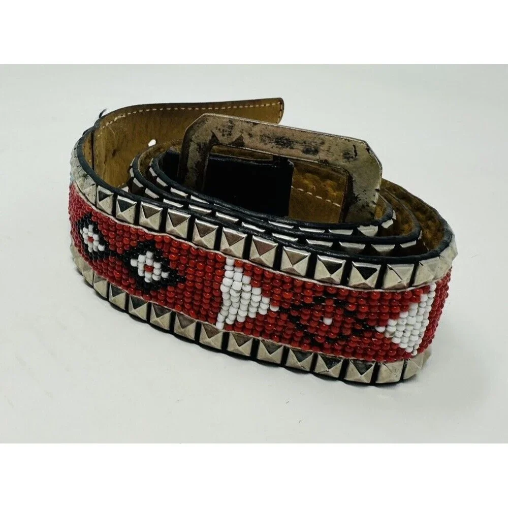 Vintage Gorgeous laced‎ Beaded Leather Belt 28 Long   Blue And Red All Beaded